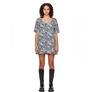 NWT Ganni Printed Floral Non-stretch Cotton Denim Mini Dress Pockets Size Small